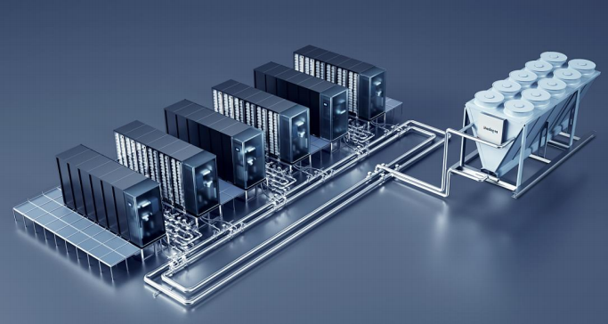 Complete liquid cooling architecture with rack equipment, distribution piping and outdoor heat rejection
